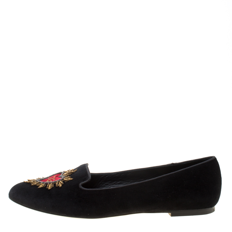 

Dolce and Gabbana Black Embroidered Velvet Smoking Slippers Size