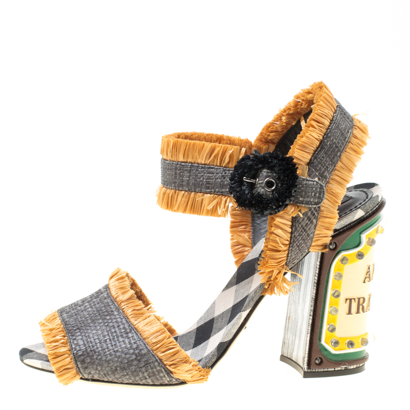 

Dolce and Gabbana Grey Raffia Keira Ankle Strap Sandals Featuring Heels With Bright Led Lights Size