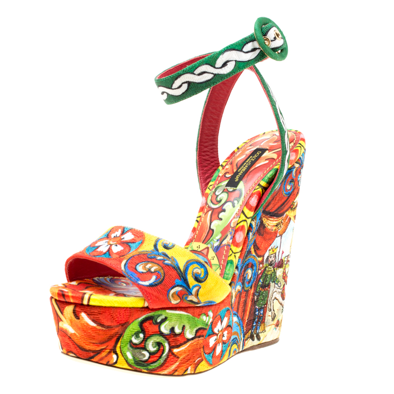 Dolce and Gabbana Multicolor Printed Brocade Peep Toe Ankle Wrap Wedge Sandals Size 37.5