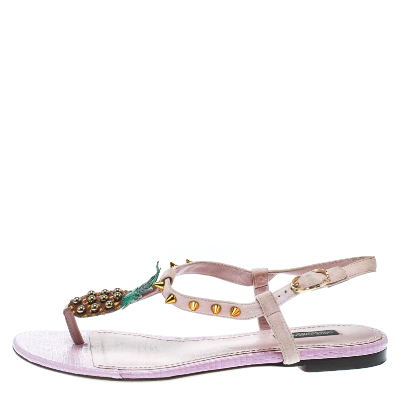 

Dolce & Gabbana Pink Suede Pineapple Detail Ankle Strap Thong Sandals Size