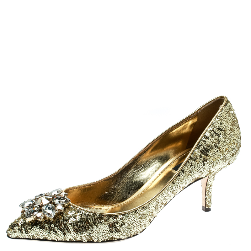 Pre Owned Dolce and Gabbana Gold Sequined Crystal Embellished Leather Bellucci Pointed Toe Pumps Size 39