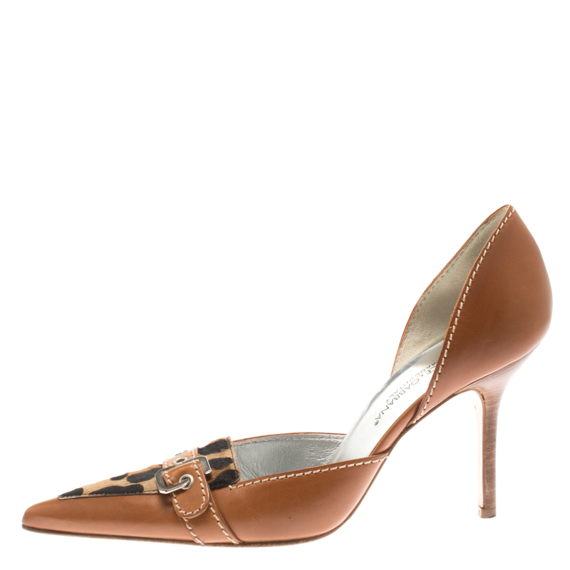 

Dolce and Gabbana Brown Leather And Pony Hair Buckle Detail Pointed Toe D'orsay Pumps Size