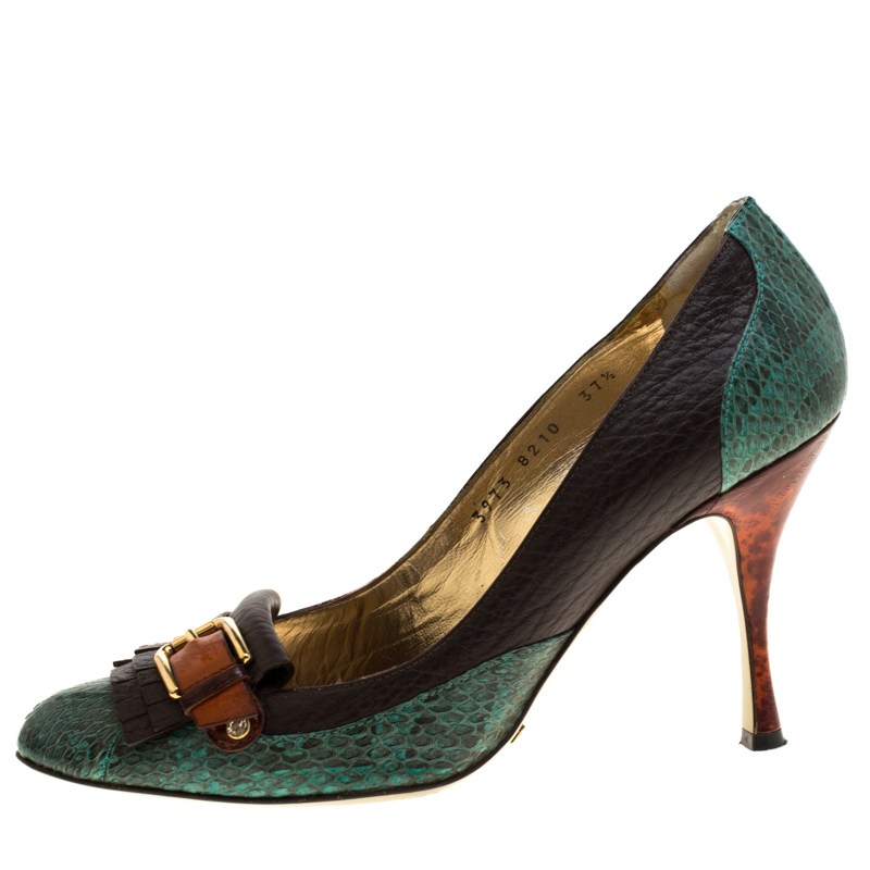 

Dolce And Gabbana Multicolor Leather And Python Leather Buckle Detail Fringe Pumps Size