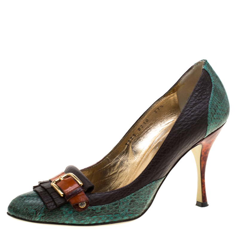  Dolce And Gabbana Multicolor Leather And Python Leather Buckle Detail Fringe Pumps Size 37.5