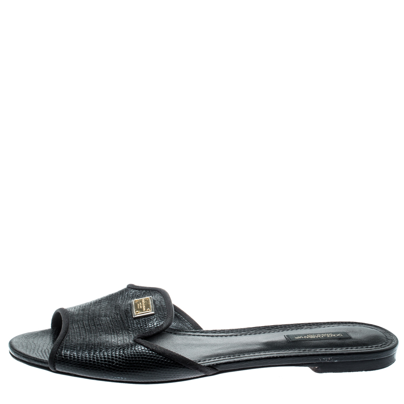 

Dolce & Gabbana Black Lizard Leather Flat Slides Size