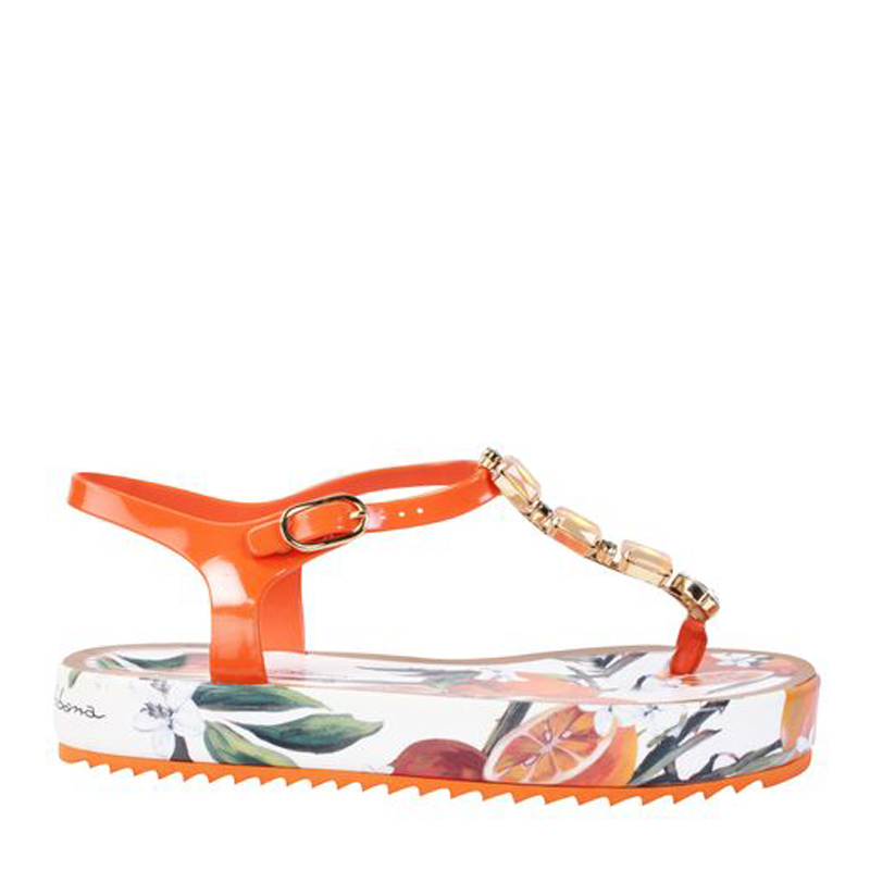 Pre-owned Dolce & Gabbana Orange Crystals Rubber Sandals Size 37.5