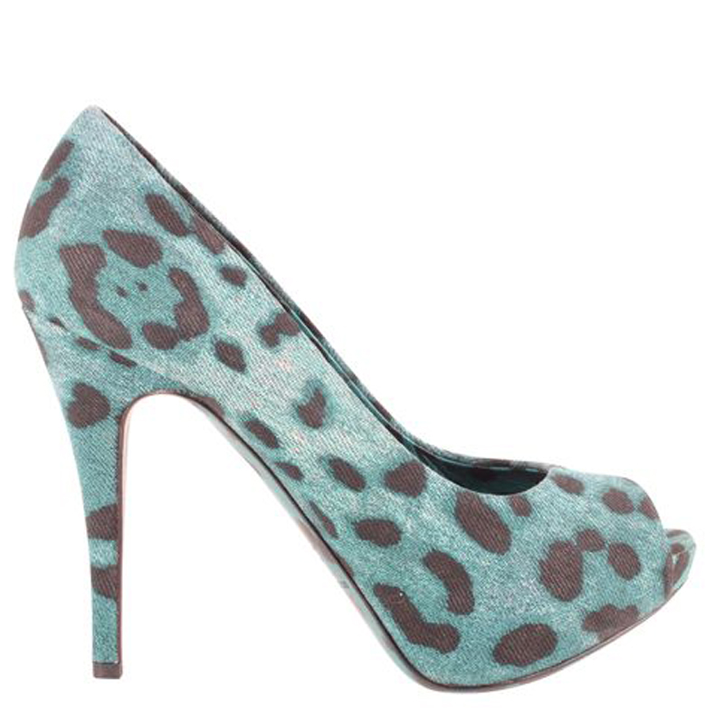 Pre-owned Dolce & Gabbana Turquoise Animal Print Peep Toe Platform Pumps 37 In Blue