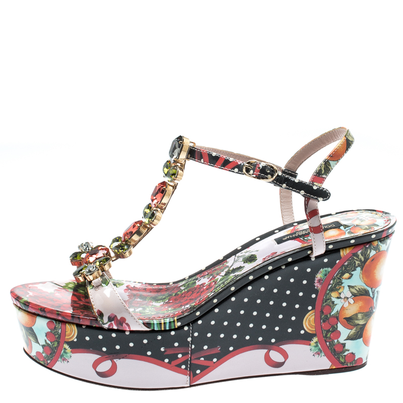 

Dolce and Gabbana Multicolor Floral Printed Patent Leather Gingham Crystal Embellished T Strap Wedge Sandals Size