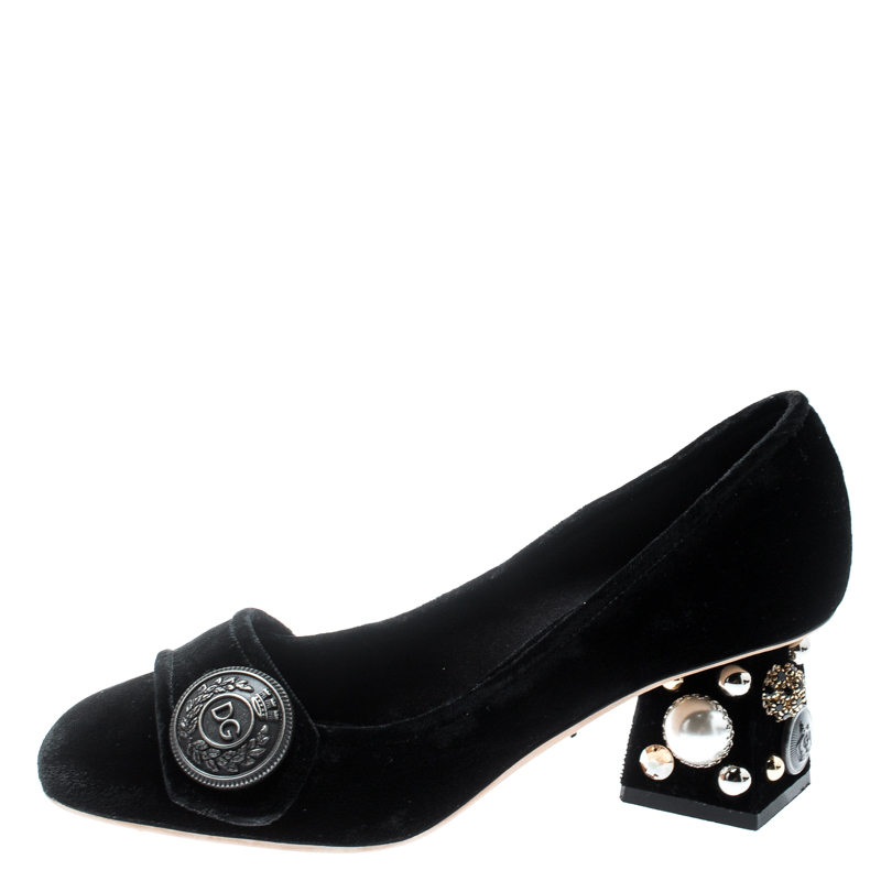 

Dolce & Gabbana Black Velvet Jackie Embellished Block Heel Pumps Size