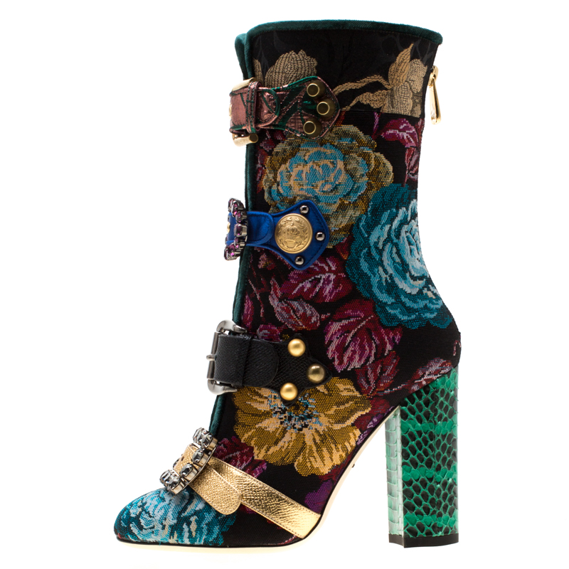 

Dolce and Gabbana Multicolor Floral Jacquard Fabric Crystal Embellished Buckle Block Heel Mid Calf Boots Size