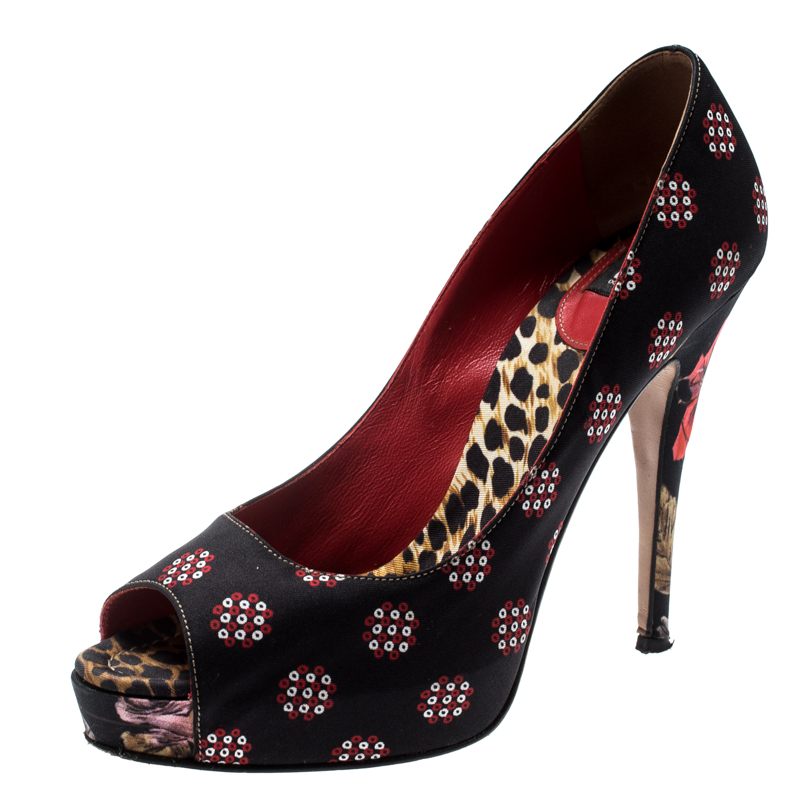 Pre Owned Dolce and Gabbana Printed Canvas Peep Toe Platform Pumps Size 38