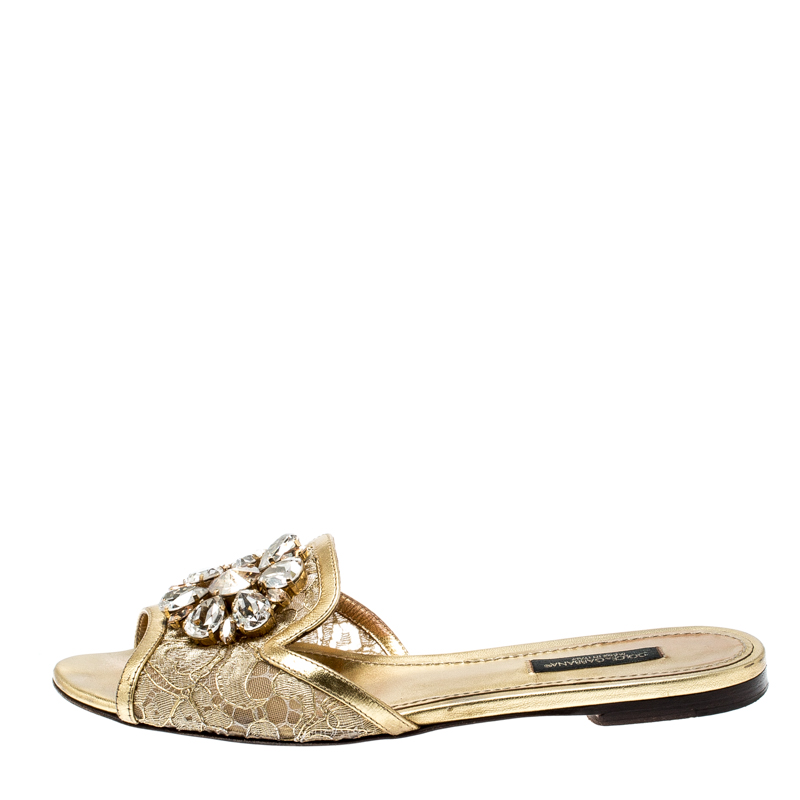 

Dolce and Gabbana Metallic Gold Lace And Leather Trim Sofia Crystal Embellished Slides Size