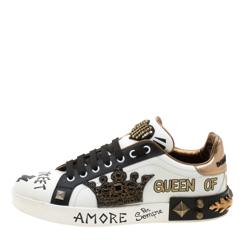 

Dolce and Gabbana Monochrome Leather Portofino Crown Sneakers Size, White