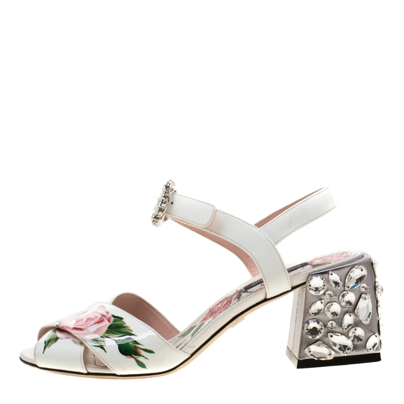 

Dolce & Gabbana Rose Printed Patent Leather Embellished Heel Sandals Size, White