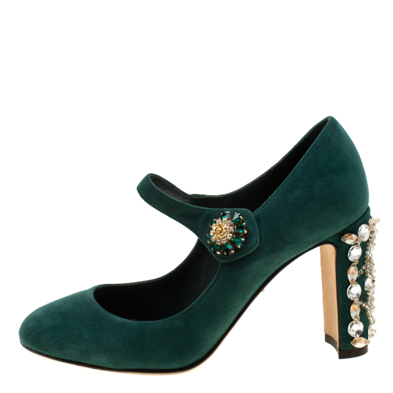 

Dolce & Gabbana Green Suede Crystal Embellished Mary Jane Pumps Size