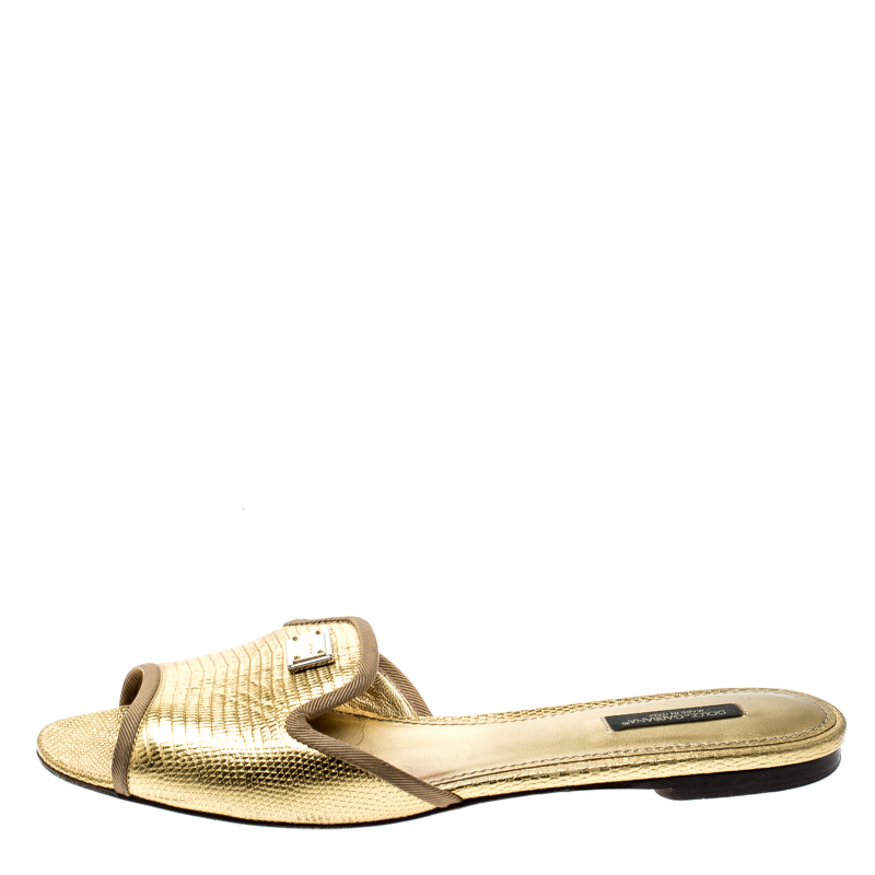 

Dolce & Gabbana Gold Lizard Embossed Leather Flat Slides Size