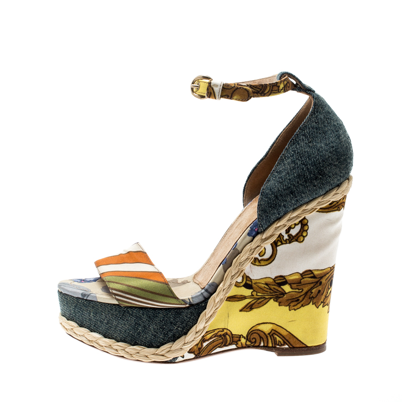 

Dolce and Gabbana Multicolor Printed Satin/Denim Ankle Strap Platform Wedge Sandals Size