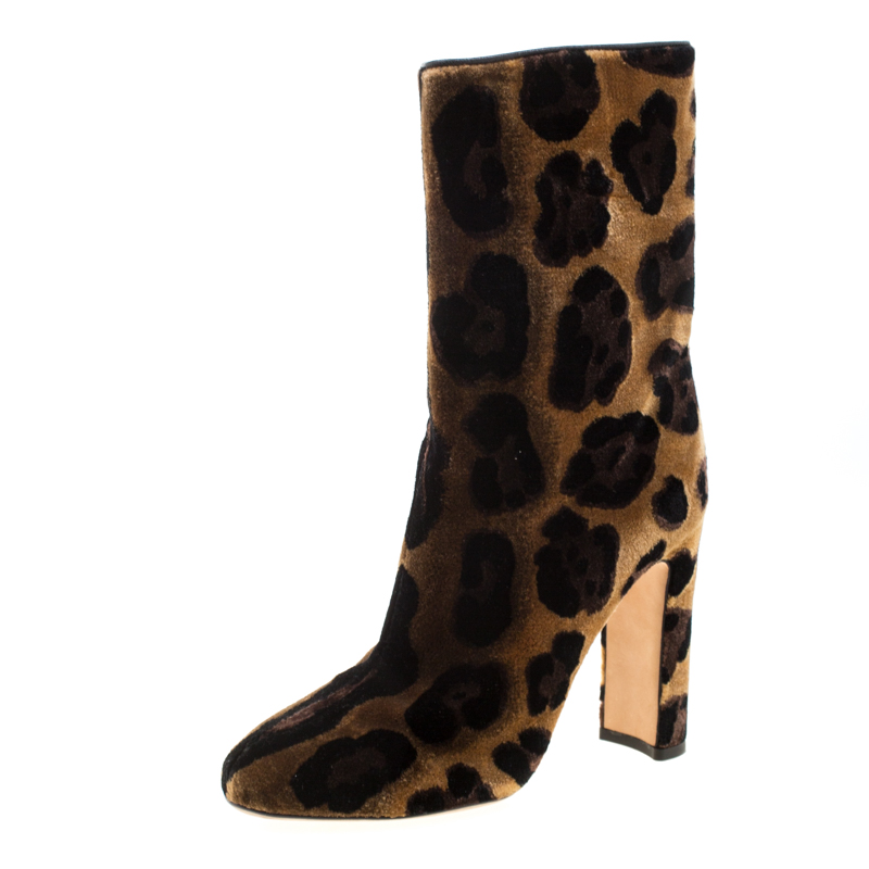 Dolce And Gabbana Brown Leopard Print Velvet Calf Boots Size 37.5