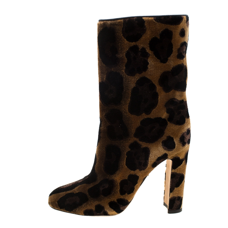 

Dolce And Gabbana Brown Leopard Print Velvet Calf Boots Size
