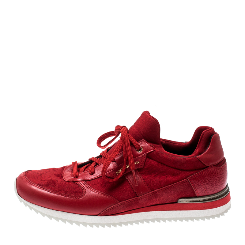 

Dolce and Gabbana Red Floral Printed Canvas And Leather Lace Up Sneakers Size