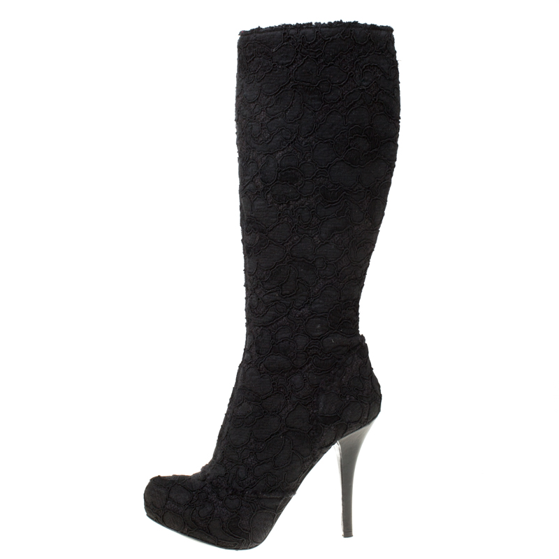

Dolce and Gabbana Black Floral Lace And Tweed Platform Boots Size