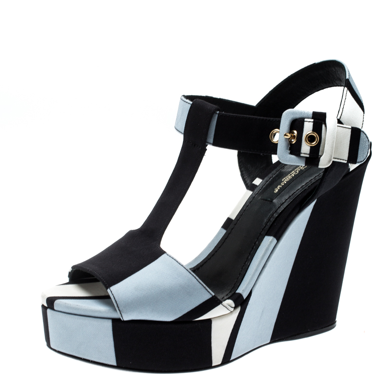 Dolce & Gabbana Tricolor Fabric T Strap Wedge Platform Sandals Size 35