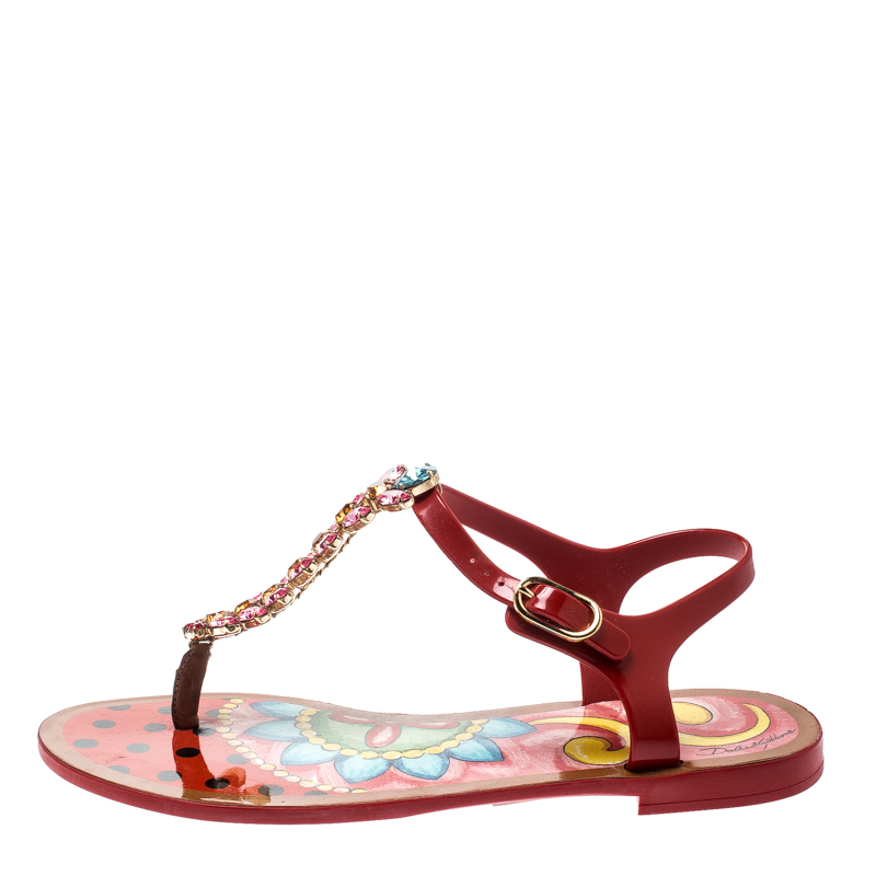 

Dolce & Gabbana Multicolor Rubber Crystal Embellished Flat Thong Sandals Size, Red