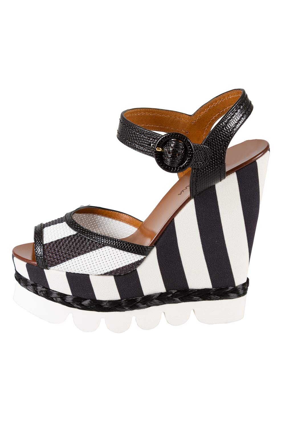 Pre Owned Dolce And Gabbana Monochrome Leather And Lizard Embossed Leather Ankle Strap Platform Wedge Sandals Size 38