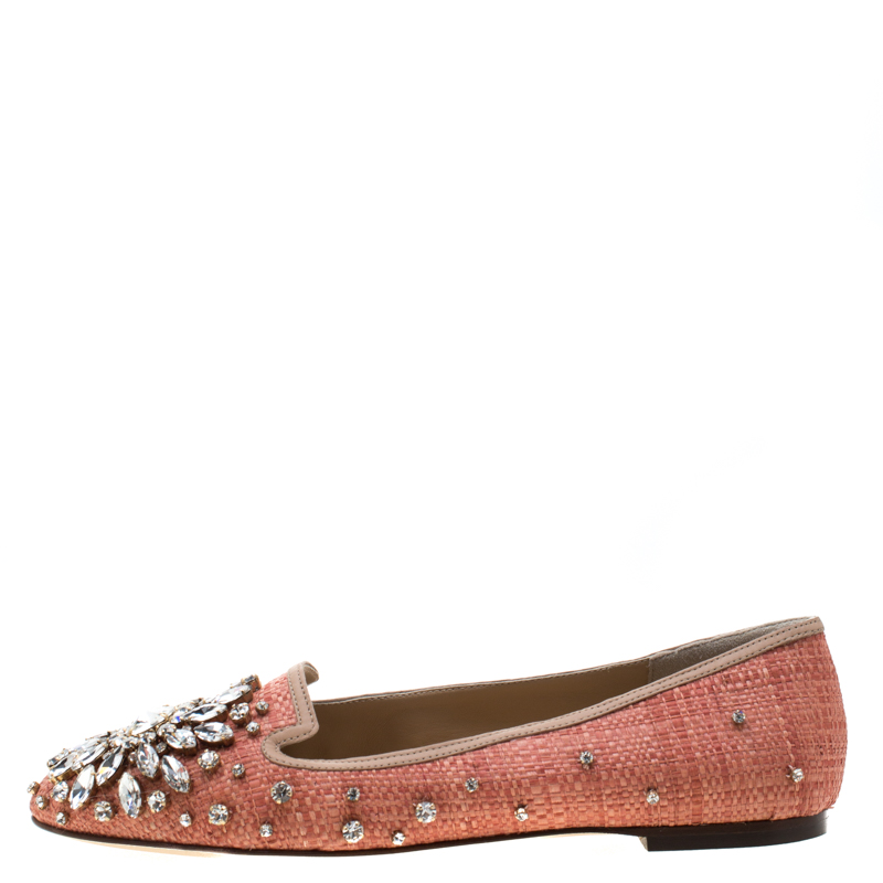 

Dolce and Gabbana Pink Raffia and Leather Crystal Embellished Smoking Slippers Size