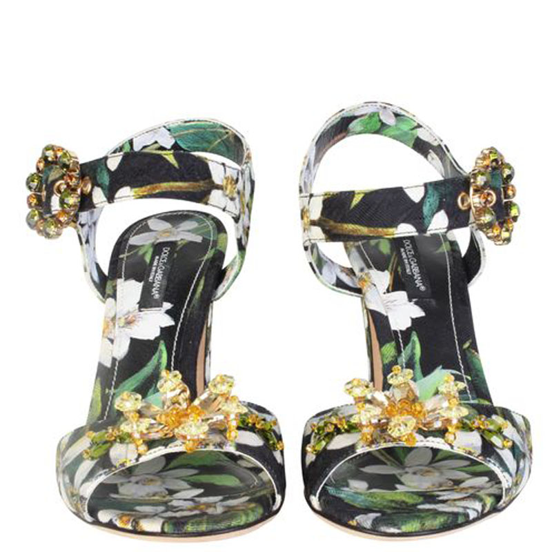 

Dolce and Gabbana Green Floral Printed Heel Sandals Size