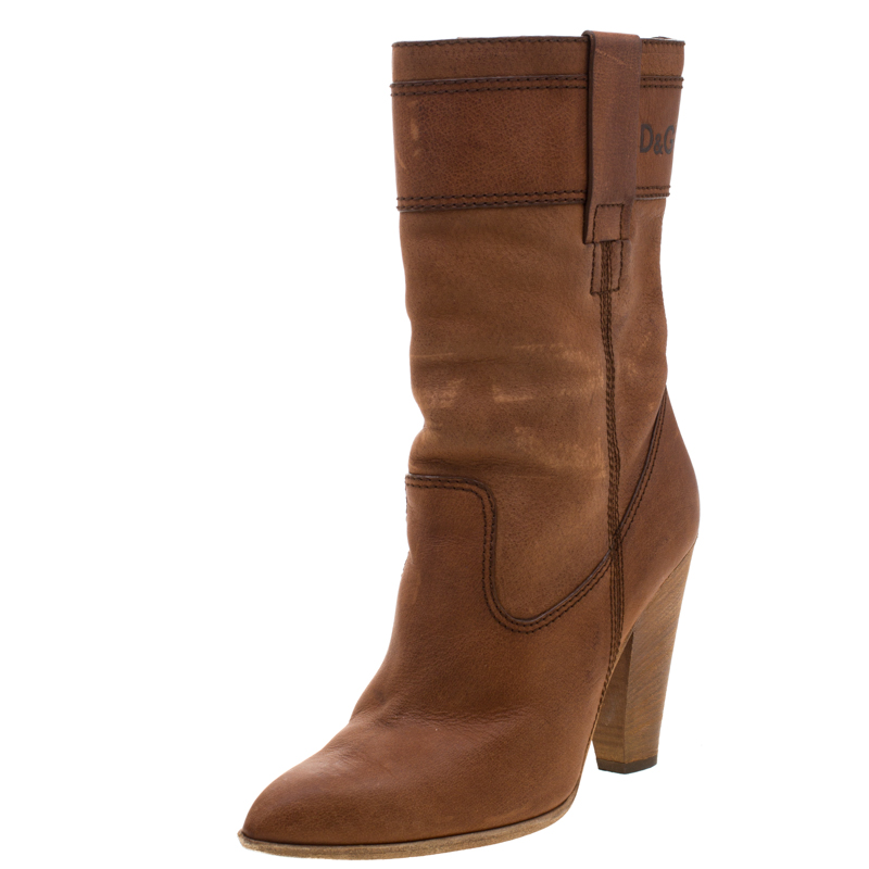 Pre Owned Dolce and Gabbana Brown Leather Mid Calf Length Boots Size 38.5