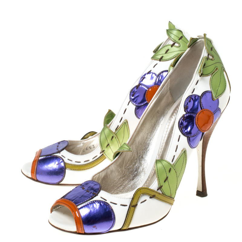 Pre-owned Dolce & Gabbana Multicolor Leather Floral Detail Peep Toe Pumps Size 40 In White