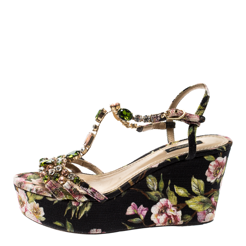 

Dolce & Gabbana Multicolor Floral Print Canvas Crystal Embellished T Strap Platform Sandals Size