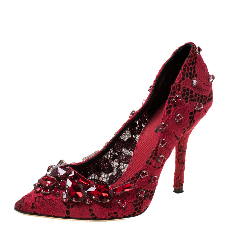 Pre Owned Dolce and Gabbana Red Lace Crystal Embellished  Pointed Toe Pumps Size 37.5