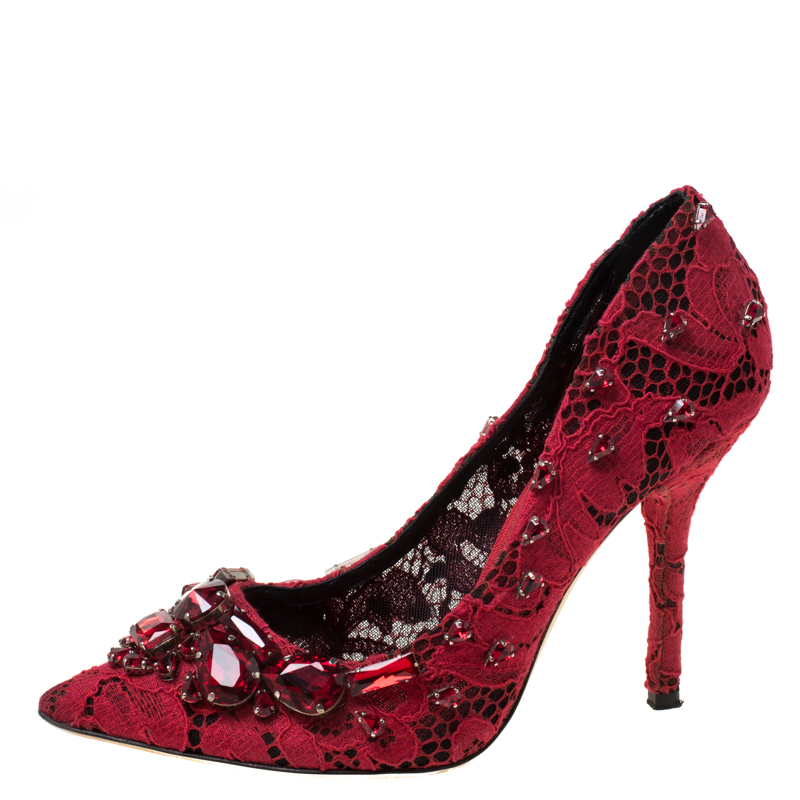 

Dolce and Gabbana Red Lace Crystal Embellished Pointed Toe Pumps Size