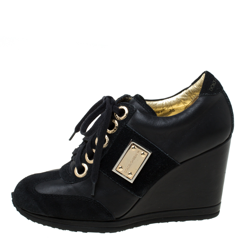 

Dolce and Gabbana Black Leather and Suede Lace Up Wedge Sneakers Size