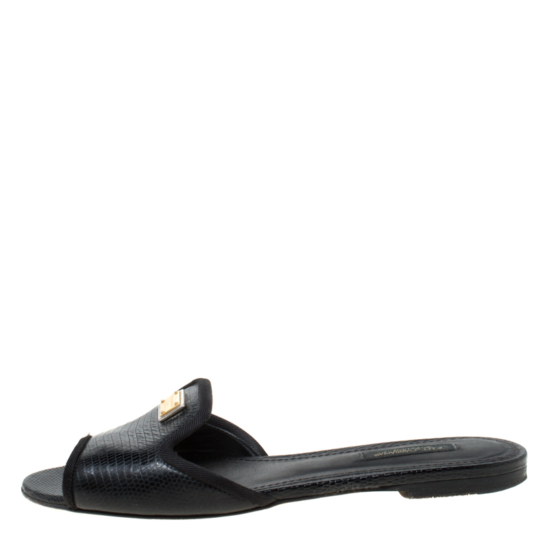 

Dolce and Gabbana Black Lizard Embossed Leather Sofia Slides Size