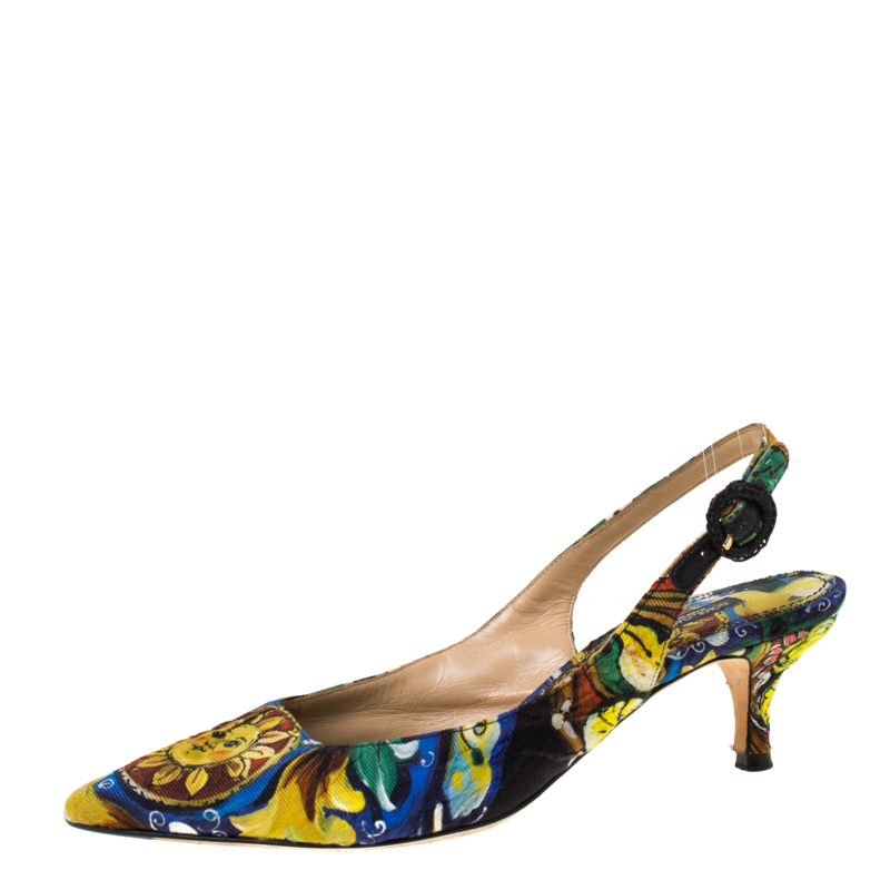 Dolce and Gabbana Multicolor Artistic Print Canvas Slingback Sandals Size 37.5