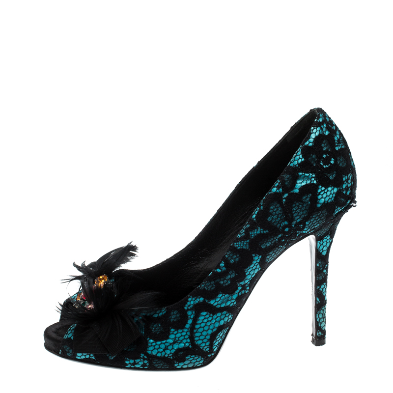 

Dolce & Gabbana Black/Blue Lace Feather and Crystal Embellished Peep Toe Pumps Size
