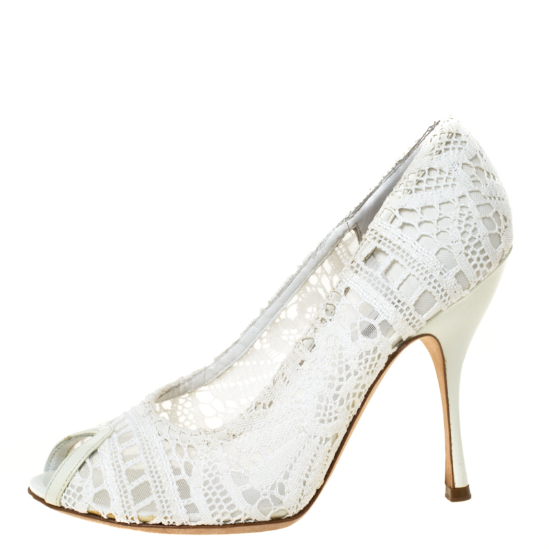 

Dolce and Gabbana White Lace Peep Toe Pumps Size