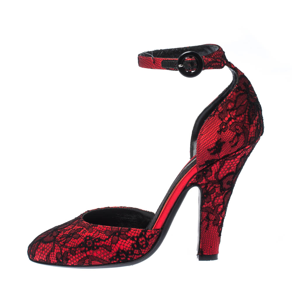 

Dolce & Gabbana Red/Black Satin and Lace Ankle Strap D'orsay Pumps Size