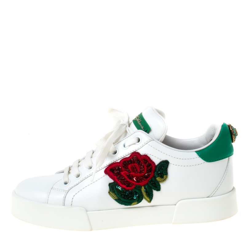 

Dolce and Gabbana White Leather Flower Embellished Lace Up Sneakers Size