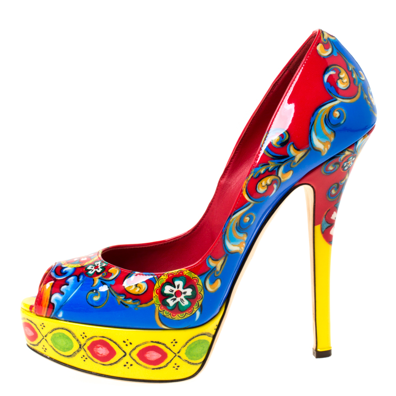 

Dolce & Gabbana Multicolor Floral Patent Leather Carreto Siciliana Peep Toe Platform Pumps Size