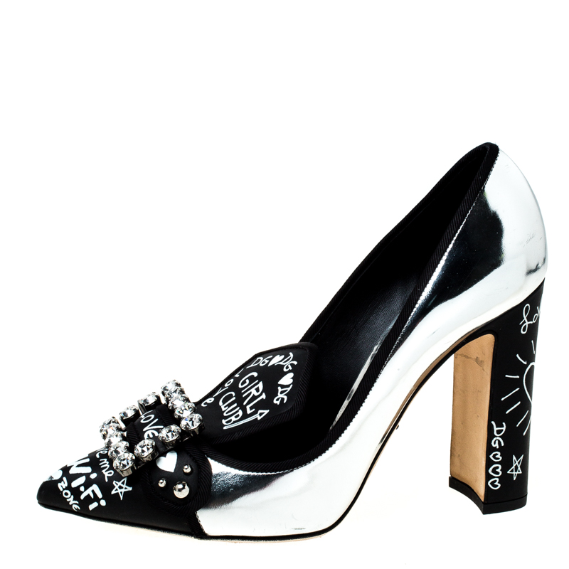 

Dolce and Gabbana Metallic Silver/Black Leather Alphabet Crystal Embellished Pointed Toe Pumps Size