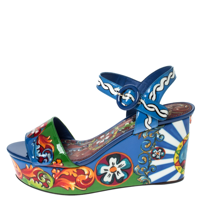 

Dolce and Gabbana Multicolor Print Patent Leather Ankle Strap Platform Wedge Sandals Size