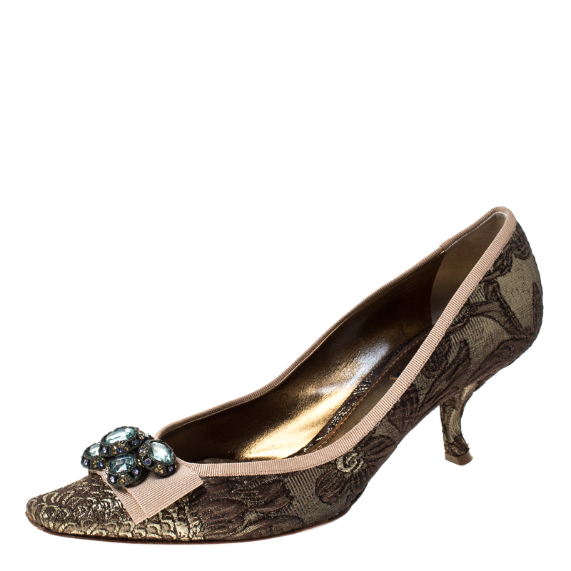 Pre Owned Dolce & Gabbana Metallic Embossed Textured Fabric Crystal Embellished Bow Curved Heels Pumps Size 41