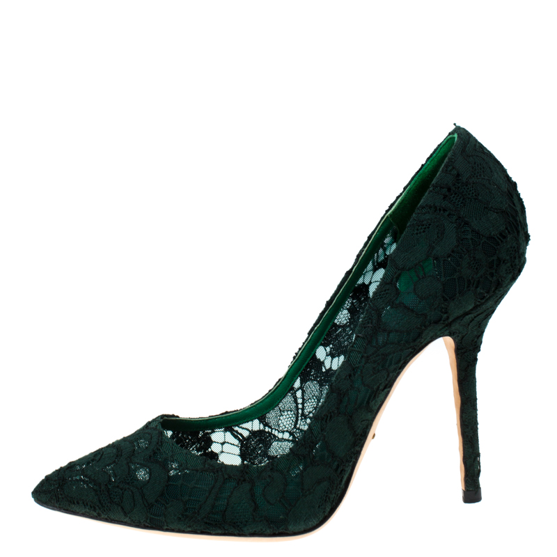 

Dolce & Gabbana Green Floral Lace Pointed Toe Pumps Size
