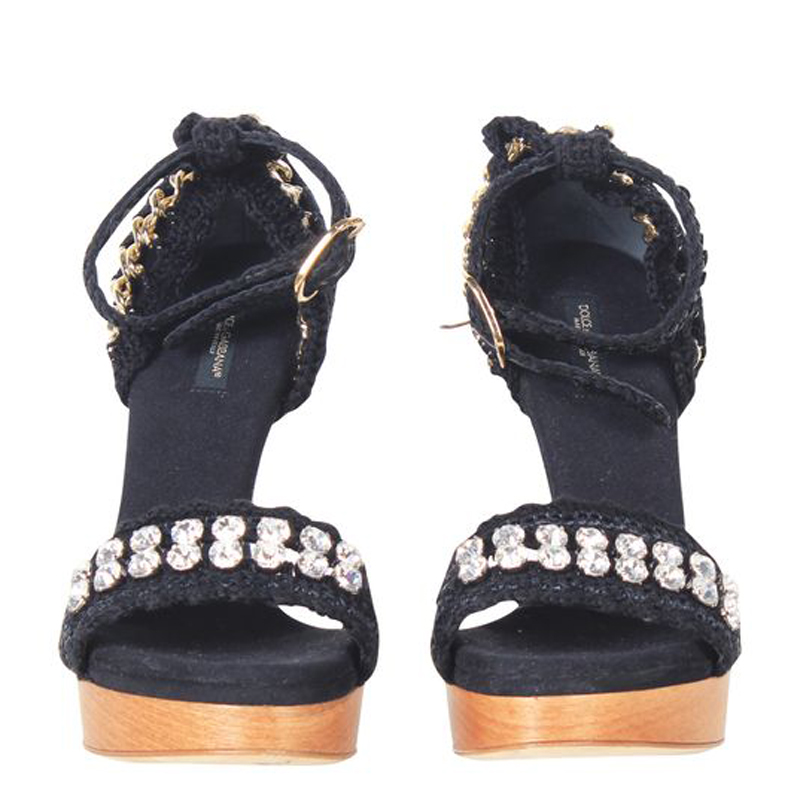 

Dolce and Gabbana Black Woven Ankle Strap Platform Sandals Size