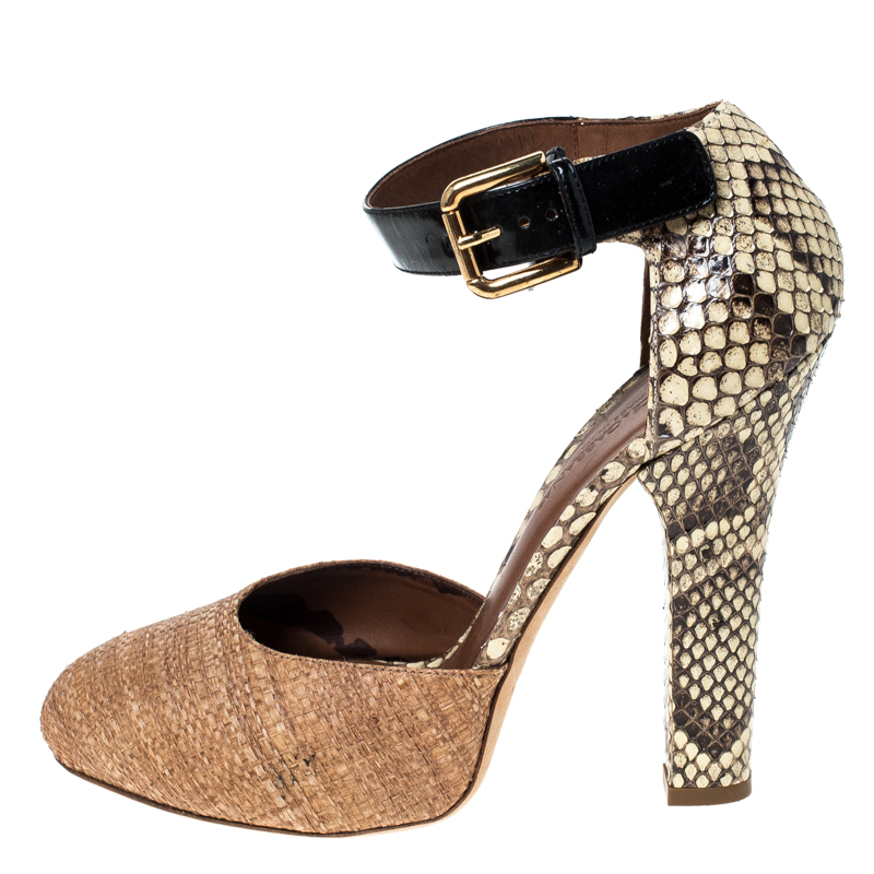 

Dolce & Gabbana Beige Raffia and Python Trimmed Leather Ankle Strap Sandals Size