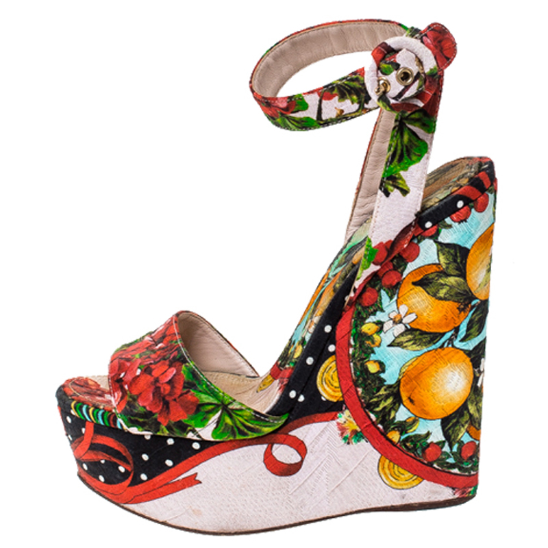 

Dolce & Gabbana Multicolor Floral Printed Fabric Foulard Platform Wedge Sandals Size